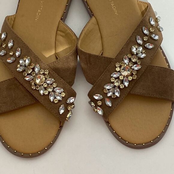 Adrienne Vittadini Women's Brown Embellished Rhinestones Crisscross Sandal Sz 8M - Picture 2 of 10